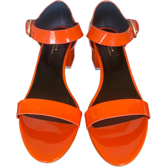 Kate Spade Orange Chunky Patent Faux Leather* Block Heels Sandals Size 7.5 - Picture 14 of 16